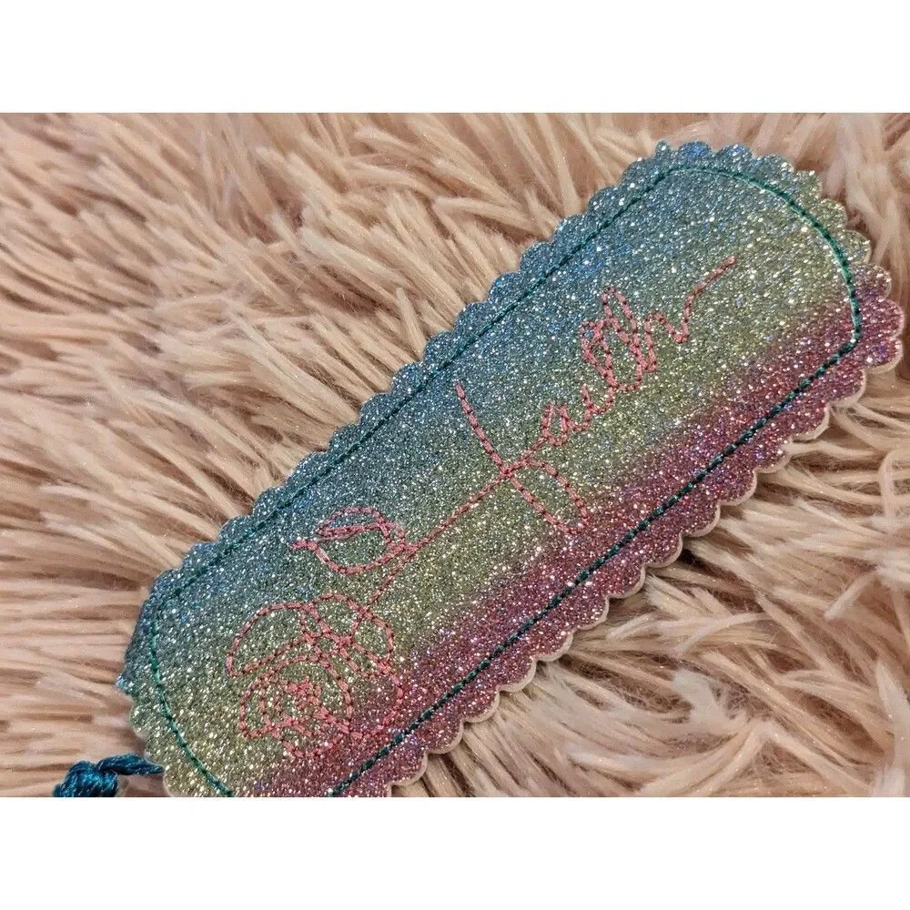 Rainbow glitter vinyl handmade bookmark embroidered with faith brand new